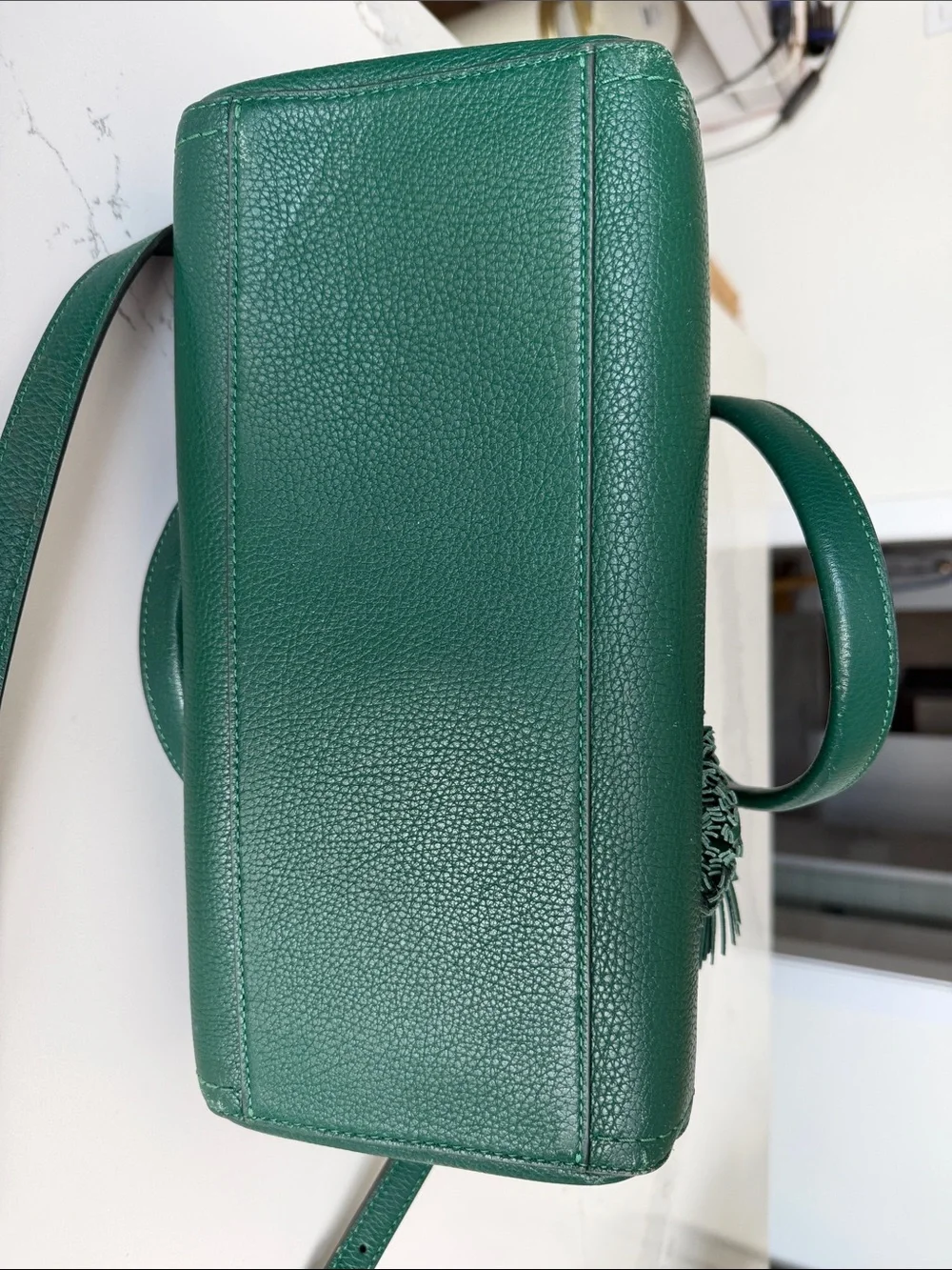 kate spade emerald green pebbled leather satchel with tassel